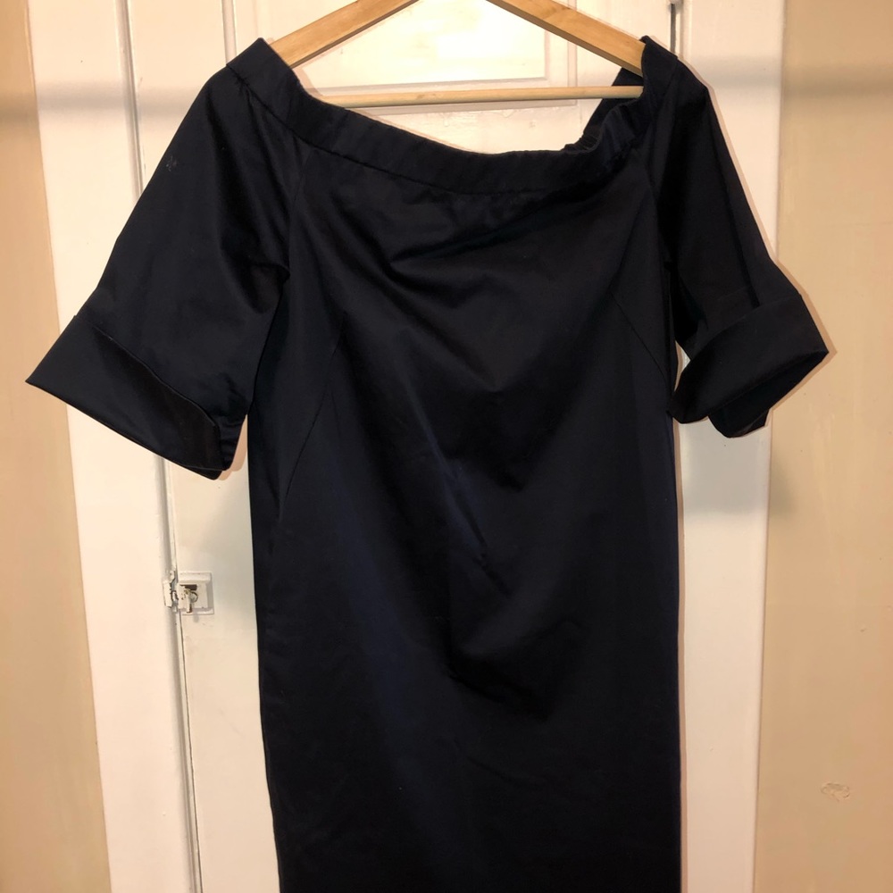 COS off the shoulder navy cocktail dress